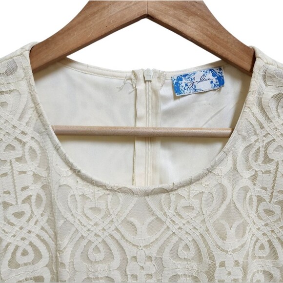 J Glee Dress Sz S Cream Floral Crochet Lace Overlay 3/4 Slv Lined Cottage Fairy - Picture 5 of 15